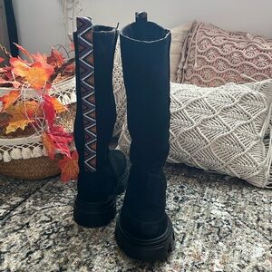 New FARM Rio x Anthropologie Embroidered Black Vegan Suede Tall Chunky Boots